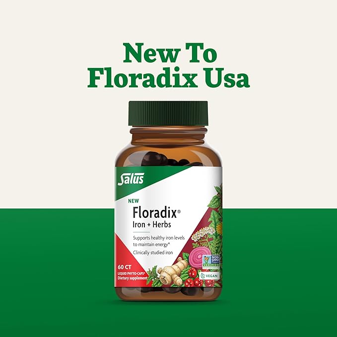 Floradix Iron + Herbs - Iron Supplement for Healthy Energy Support* - Supports Red Blood Cell Formation - Vegan Non-GMO Gluten-Free Soy-Free - 60 Liquid Phyto-Caps