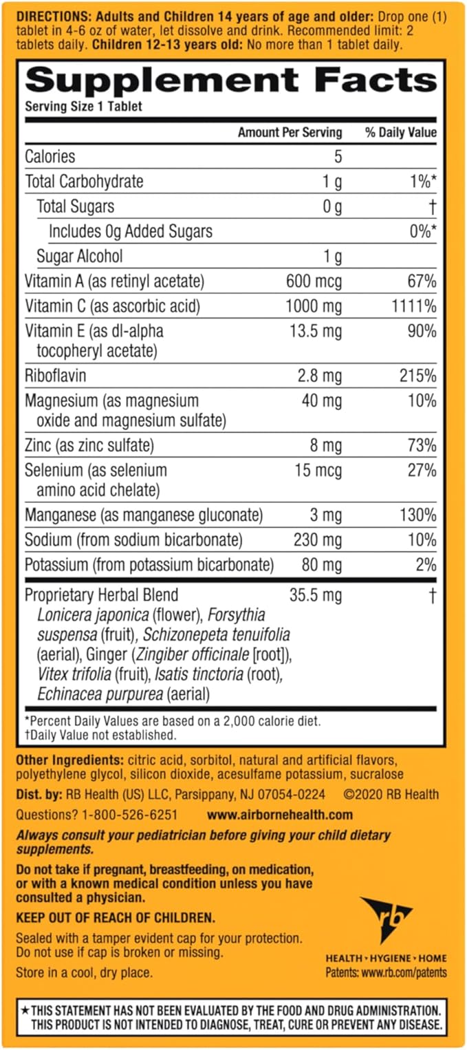Vitamin C 1000mg (per serving) - Airborne Zesty Orange Effervescent Tablets (36 count in a box) Gluten-Free Immune Support Supplement With Vitamins A C E ZINC Selenium Echinacea &amp Ginger