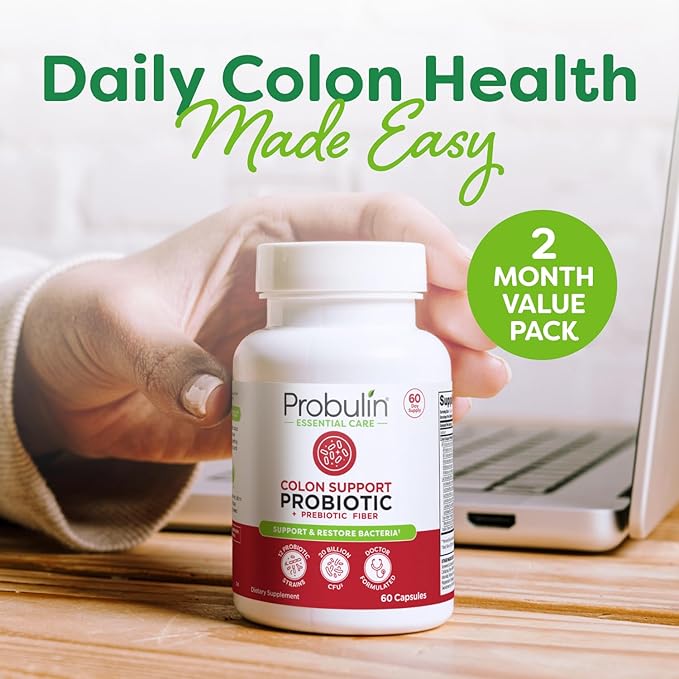 Probulin Colon Support Probiotic Supplement Daily Gut Digestive and Immune Health Probiotics Capsules for Men and Women 20 Billion CFU Vegan 60 Count Bottle