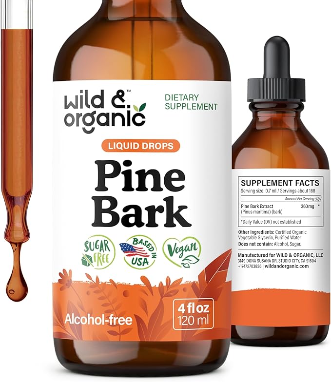Wild &amp Organic Pine Bark Drops - Antioxidant Support - French Maritime Pine Bark Extract Tincture - 5-Month Supply - Pinus Pinaster Supplement - Vegan Sugar &amp Alcohol-Free - 4 fl oz