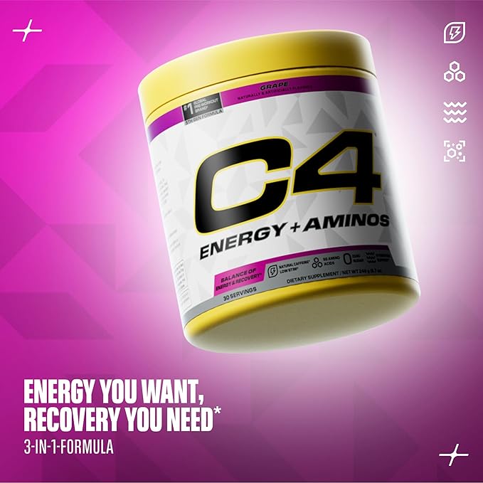 C4 Energy + Aminos Powder 5g BCAAs &amp EAAs for Muscle Recovery 3 Electrolytes for Hydration 100mg Natural Caffeine Pre Workout Zero Sugar 30 Servings Grape