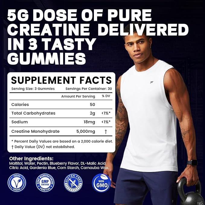 Creatine Monohydrate Gummies 5g Creatine Dose 99.9% Pure Creatine for Men &amp Women Lab Verified Sugar Free &amp Vegan Supports Muscle Strength Recovery &amp Stamina Blueberry Flavor 90 Co