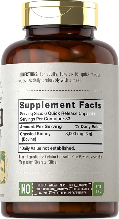 Carlyle Grass Fed Beef Kidney Supplement | 200 Capsules | 3000mg | Pasture Raised Desiccated Bovine Supplement | Hormone and Pesticide Free | Non-GMO Gluten Free | by Herbage Farmstead