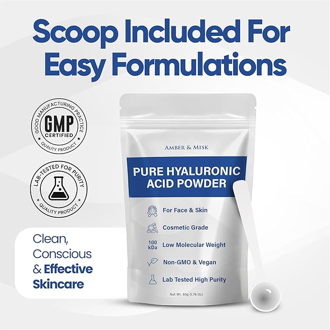 Pure Hyaluronic Acid Powder for Skin &amp Face - Cosmetic Grade Low Molecular Weight DIY Serums for Deep Penetration and Organic Skin &amp Body Hydration Acido Hialuronico en Polvo Includes Scoo