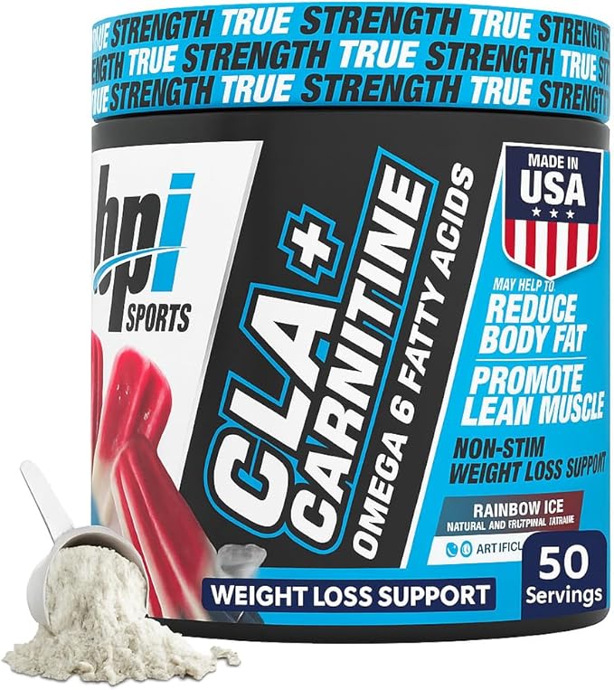 BPI Sports CLA + Carnitine Powder – Non Stimulant Fat Burner for Weight Loss Metabolism &amp Lean Muscle – Caffeine Free – Rainbow Ice – 50 Servings – 12.34 oz
