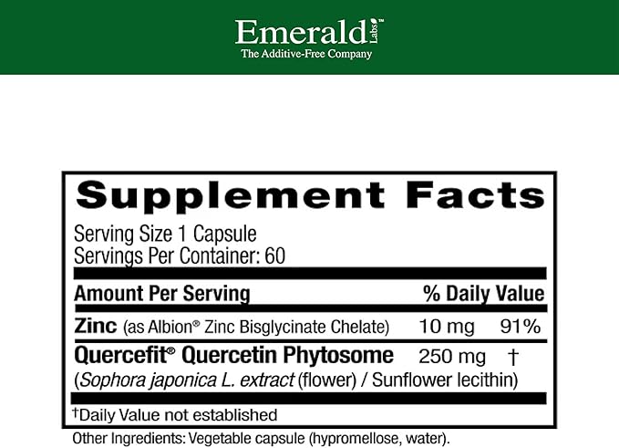 EMERALD LABS Quercetin Phytosome Plus - Vegan Antioxidant &amp Immune Support Supplement - Contains Quercetin &amp Zinc - 60 Vegetable Capsules (60-Day Supply)