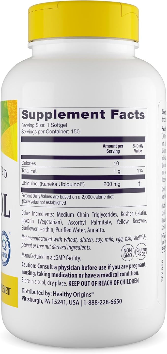 Healthy Origins Ubiquinol (Active Form of CoQ10) 200 mg - Kaneka Ubiquinol Supplements for Heart Health &amp Antioxidant Support - Gluten-Free &amp Non-GMO Supplement - 150 Softgels