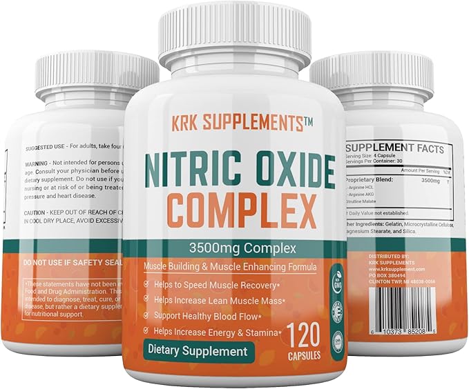 KRK SUPPLEMENTS 2 Bottles Nitric Oxide Complex 3500mg Per Serving L-Arginine HCL AAKG AKG Alpha Ketoglutarate Citrulline Malate 240 Total Capsules