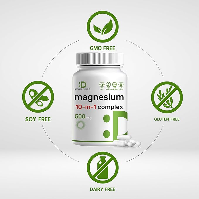 Magnesium Complex 500mg 240 Veggie Capsules – 10-in-1 Glycinate Citrate Malate Oxide &amp More – 100% Chelated for Easy Absorption – Essential Mineral Supplement – Non-GMO