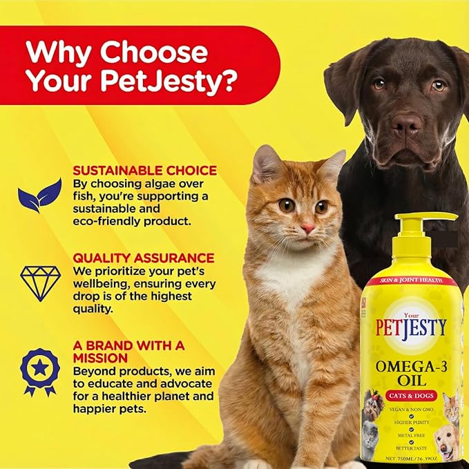 PetJesty Pure Omega 3 Oil for Dogs &amp Cats 26.39oz - Omega 3 Skin &amp Coat Support- Liquid Food Supplement for Pets - Vegan pet + DHA for Joint Function Immune &amp Heart Health Non Fish Oil D