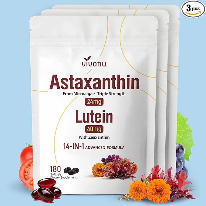 VivoNu 14-in-1 Astaxanthin 24mg &amp Lutein 40mg with Zeaxanthin Supplements 18 Month Supply 540 Softgels 3 Bag