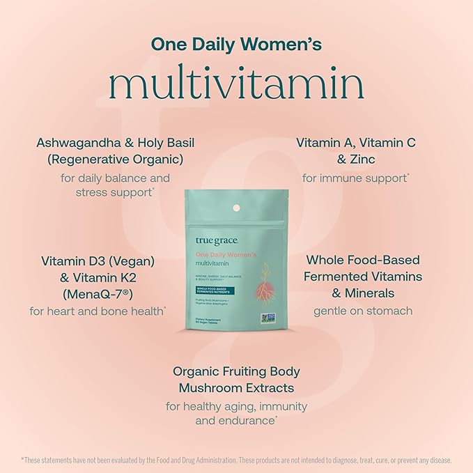 True Grace One Daily Women’s Multivitamin Fermented Minerals Organic Adaptogens &amp Mushrooms Whole Body Balance Immune Energy Beauty Support - Non-GMO Gluten Free Soy Free - 90 Vegan Tablets