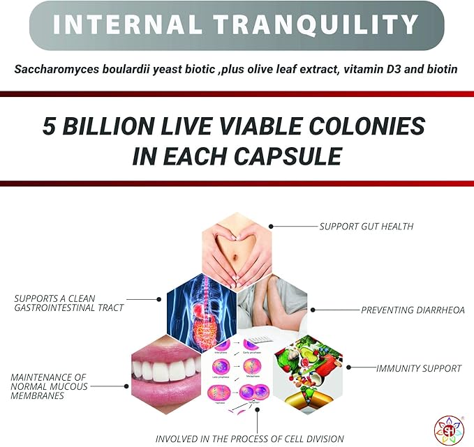 Internal Tranquility Saccharomyces Boulardii Probiotic Yeast Support 30 Capsules for Immunity Inflammation &amp Mucous Membrane. for Healthy Gut Blood Calcium Bones Muscle Teeth &amp Organs