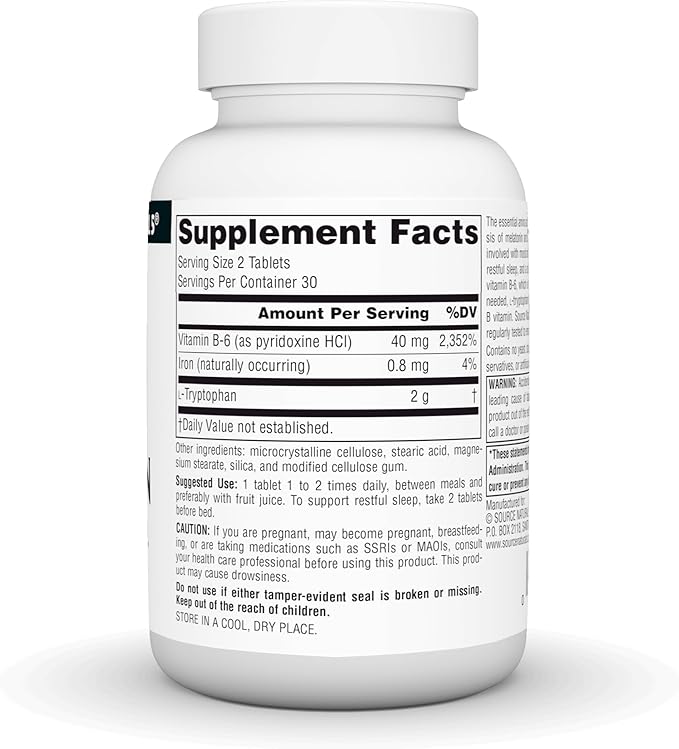 Source Naturals L-Tryptophan with Vitamin B-6 - Support Mood Relaxation and Sleep - 1000mg - 60 Tablets