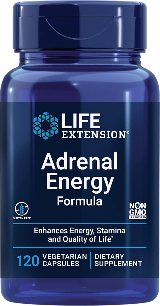 Life Extension Adrenal Energy Formula Helps inhibit the Effects of Stress holy Basil cordyceps bacopa and ashwagandha Gluten Free Non-GMO Vegetarian 120 Capsules
