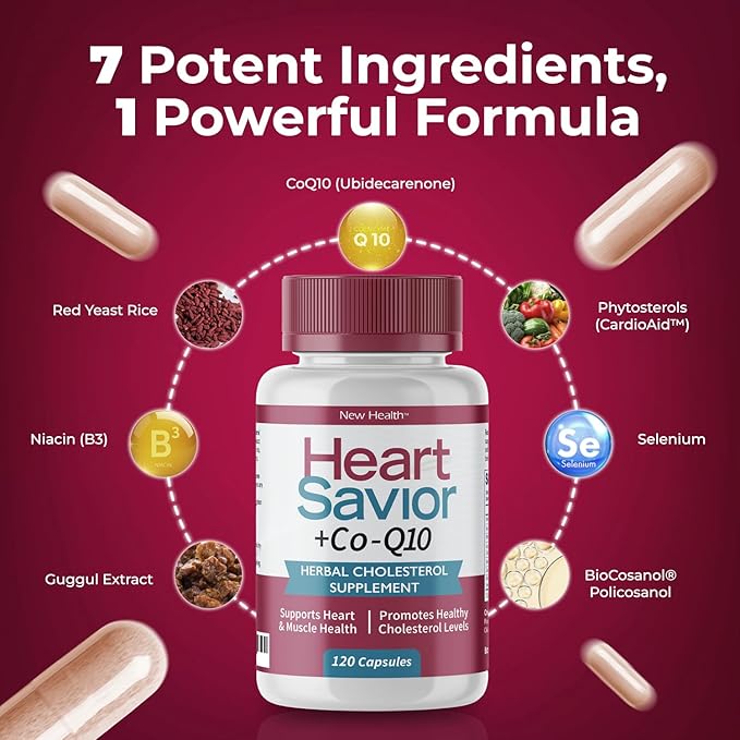 HeartSavior Natural Cholesterol Support Supplement with Red Yeast Rice CoQ10 Plant Sterols &amp Niacin Blend - 7-Ingredient Healthy Formula for Men &amp Women - Made in USA Non-GMO (120 Capsules