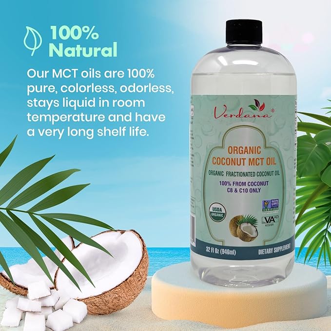 Verdana Organic MCT Oil 32 oz – Food Grade USDA Organic for Keto Coffee Unflavored Natural Oil Pulling Mouthwash &amp Massage - Coconut Derived Fractionated – Medium Chain C8 C10 – Non-GMO Kosher