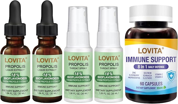 LOVITA Throat &amp Immune Bundle - 2 Propolis Drops 2 Sprays &amp 1 Immune 8-in-1 Capsule Bottle Alcohol-Free Relief &amp Daily Defense (5 Pc Set)