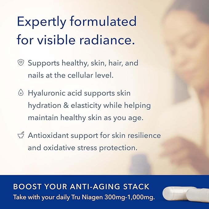 TRU NIAGEN BEAUTY NAD+ for Hair Skin &amp Nails | Contains Niagen® Astaxanthin Hyaluronic Acid Biotin | Supports Skin Elasticity &amp Moisture Retention | Daily Supplements for Men &amp Women |