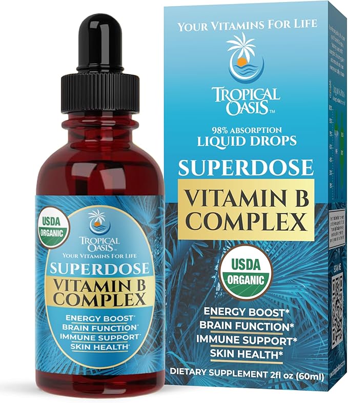 Superdose Organic Vitamin B Complex Liquid Drops | 125000% DV Vitamin B12 B6 Biotin Niacin Folate | Energy Brain Health Immune Support | USDA Organic Vegan Non-GMO | 60 Serv 2 Mo. Supply