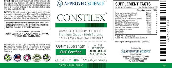 Approved Science Constilex - Rapid Constipation Relief &amp Support from Future Episodes - Promotes Healthy Levels of Bacteria and Strengthens Intestinal Flora - 3 Bottles