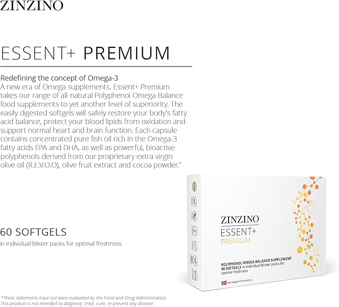 Essent+ Premium Advanced Polyphenol Omega Balance with Fish Oil Glycerin Cold-Pressed Extra Virgin Olive Oil Vitamin D - 60 Softgels