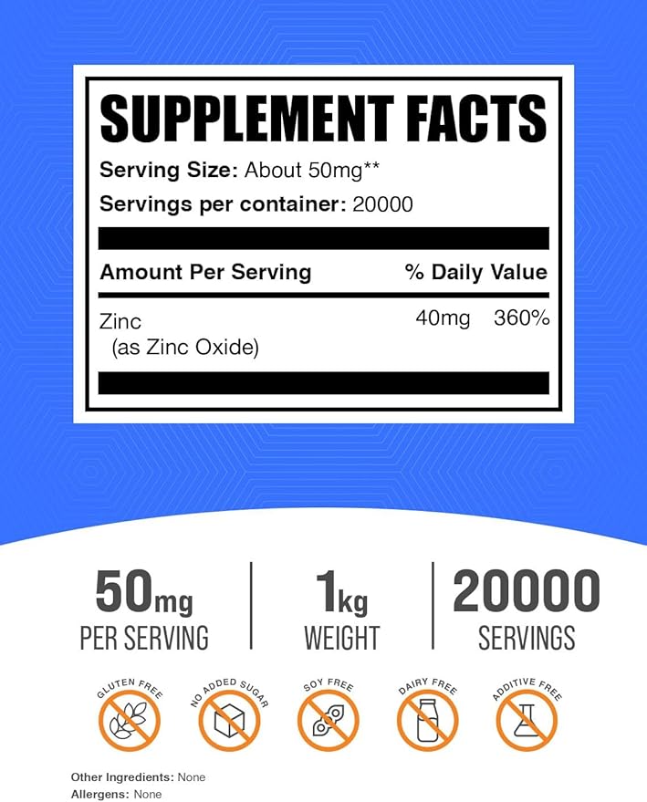 BulkSupplements.com Zinc Oxide Powder - Zinc Oxide Supplement Mineral Supplement for Immune Support - Gluten Free 50mg per Serving 1kg (2.2 lbs) (Pack of 1)
