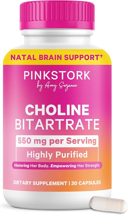 Pink Stork Choline - 550 mg Choline Bitartrate from VitaCholine for Pregnant + Postpartum Moms - Prenatal Vitamin for Fetal Cognitive Health + Breast Milk Quality - 1 Capsule Daily 30 Count