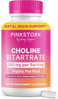 Pink Stork Choline - 550 mg Choline Bitartrate from VitaCholine for Pregnant + Postpartum Moms - Prenatal Vitamin for Fetal Cognitive Health + Breast Milk Quality - 1 Capsule Daily 30 Count