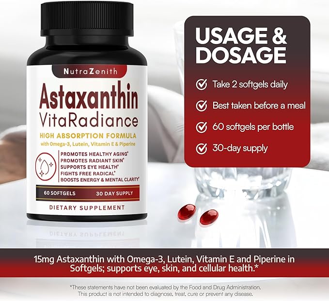 Astaxanthin Supplement with Omega-3 Vitamin E &amp Lutein – 60 Capsules for Super Antioxidant Support Energy Boost Mental Clarity &amp Eye/Skin Care – Triple-Action Formula (Powerful Antioxidant