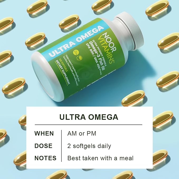 Noor Vitamins Halal Fish Oil Halal Vitamins Ultra Omega 3 Wild Peruvian Fish (800 mg EPA &amp 400 mg DHA) Heart Brain &amp Joint Support Non-GMO and Gluten Free (120 Count)