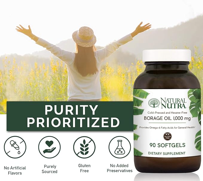 Natural Borage Oil Supplement – Rich in Gamma-linolenic Acid (GLA) A Potent Omega-6 Essential Fatty Acid Known for Supporting Skin Nerve and Joint Health 90 Softgels.