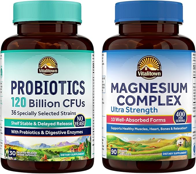 Vitalitown Probiotic + Magnesium Bundle (Pack of 2) | Probiotics 120 Billion (Item 1) &amp 6-in-1 Magnesium Complex (Item 2) | Gut Bone Muscle Sleep Health | Vegan | 30 Capsules &amp 120 Capsules
