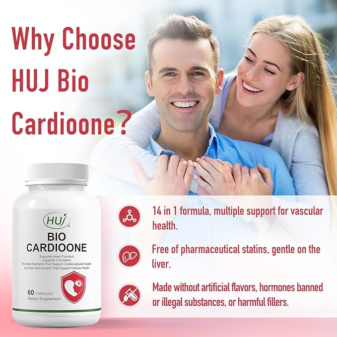 HUJ BIO CARDIOONE - 14 in 1 Formula with Nattokinase L-Arginine L-Citrulline &amp Black Garlic Extract - Vascular Health Circulation and Blood Flow Support - 60 Capsules