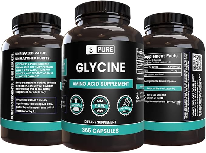 PURE ORIGINAL INGREDIENTS Glycine (365 Capsules) No Magnesium Or Rice Fillers Always Pure Lab Verified