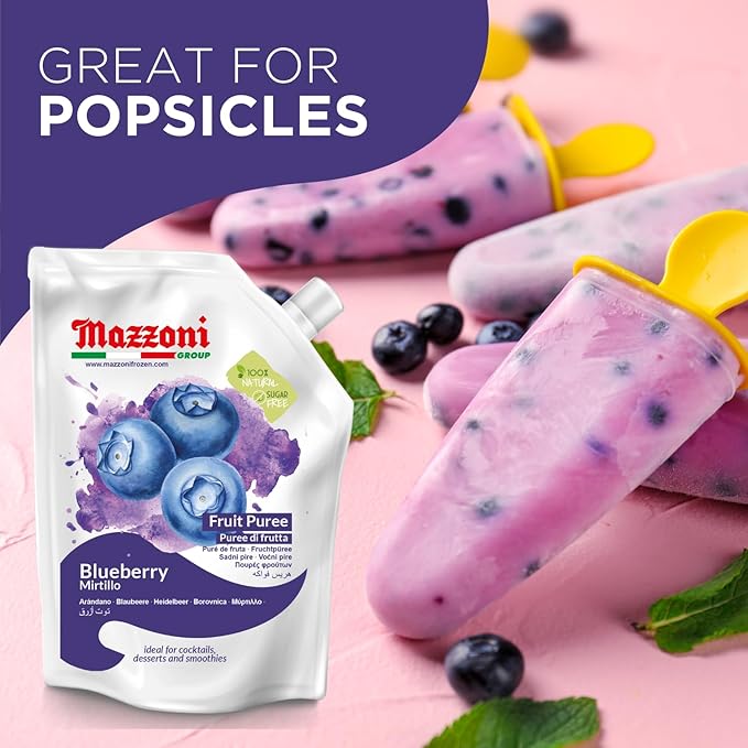 Mazzoni - Blueberry Puree 100% Pure Blueberries Just Fruit No Sugar Added Real Fruit for Smoothies Drinks Cocktails Fruit Juice - 2.2 lb Convenient Pouch Made in Italy