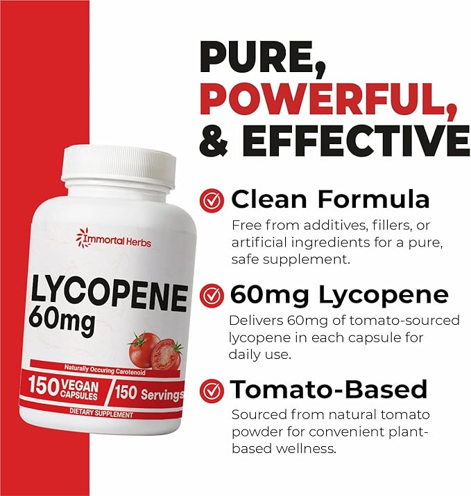 Lycopene Supplement for Men 60mg 120 Capsules Natural Tomato Extract Powder 4 Month Supply 100% Veg Lycopene Complex Non-GMO and Gluten Free Carotenoid Supplement