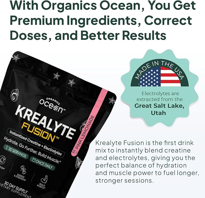 Organics Ocean Krealyte Fusion - Instantized Creatine Monohydrate Powder with Electrolytes - Muscle Strength Endurance &amp Hydration Support - Vegan Sugar-Free Pink Lemonade Flavor - 30 Servings