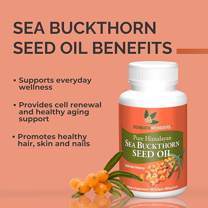 SEABUCKWONDERS Organic Sea Buckthorn Seed Oil Softgels 120 Count 60 Day Supply with Omega 3 6 &amp 9 Supports Hair Skin &amp Nail Health