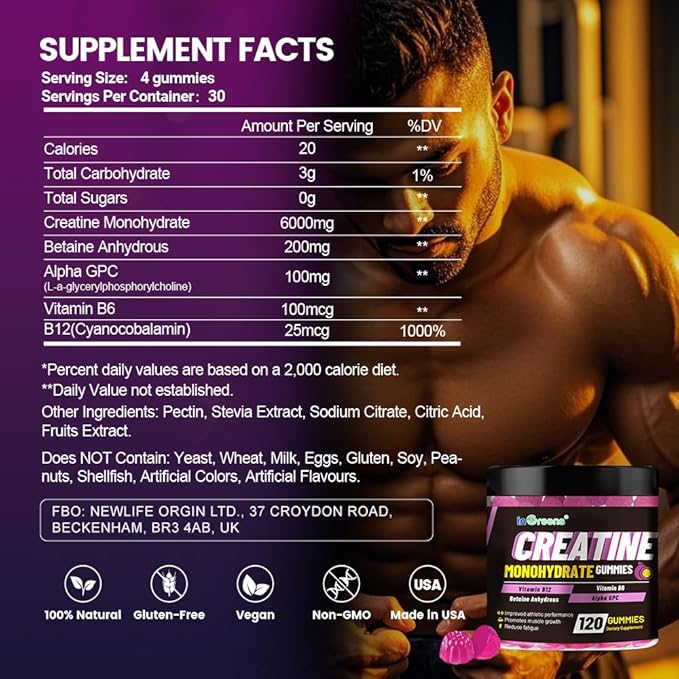 Creatine Monohydrate Gummies 6g for Men &amp Women Potent Creatine Supplement Chewables Creatine for Energy Boost Increase Strength and Build Muscle Gluten-Free Sugar Free120 Count