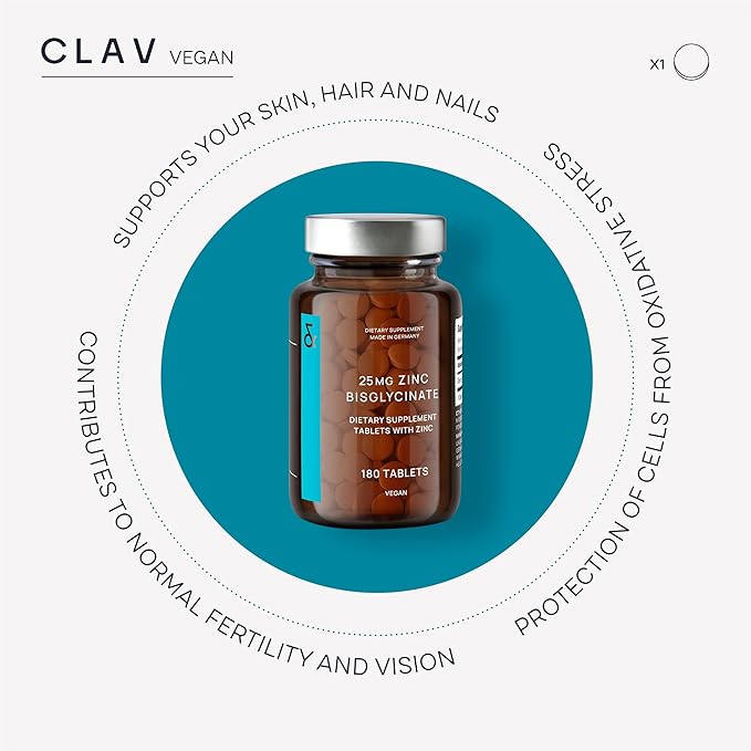 CLAV® Zinc Bisglycinate 25mg - 180 Tablets (6 Months Supply) - Natural Chelated Supplement - Vegan Glycinate for Immune &amp Skin Support