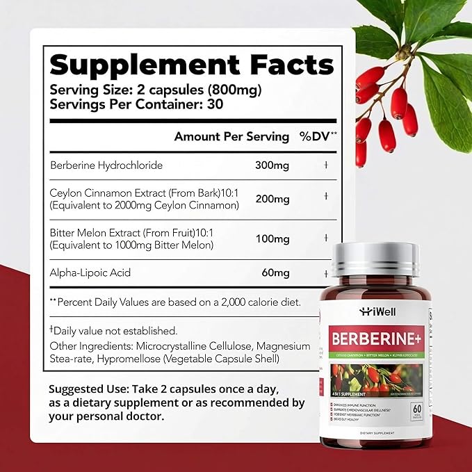 Berberine with Ceylon Cinnamon 800mg Advanced 4-in-1 Synergy Berberine Supplement Multi-Targeted Berberine Complex Support Blood Sugar Cholesterol Health &amp Immune* Gluten-Free Non-GMO &amp V