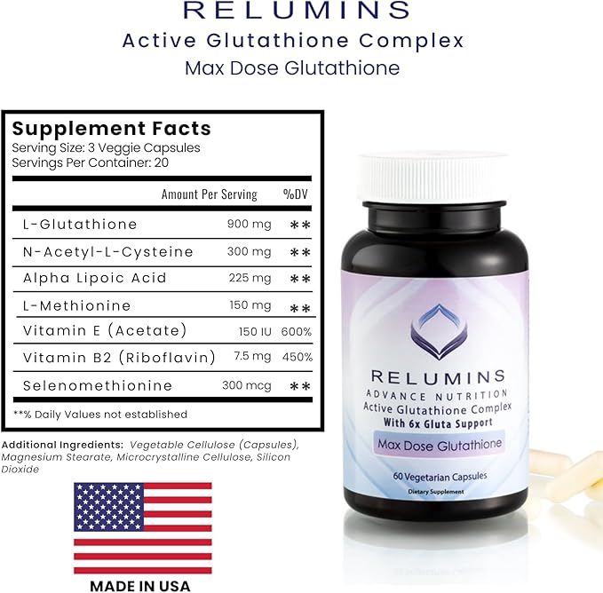 Relumins Advance White Active Glutathione Complex - Max Dose 900mg Glutathione with 6X Boosters ALA &amp NAC - Inner Glow Mother's Day Wellness Anti-Aging Skin Supplement - 60 Caps x 3 Bottles