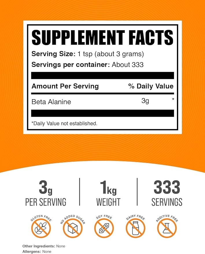 BulkSupplements.com Beta Alanine Powder - Beta-Alanine Supplement Pre-Workout Supplement - Unflavored &amp Gluten Free 3g per Serving 1kg (2.2 lbs) (Pack of 1)