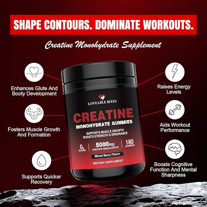 Loveable Bites Creatine Monohydrate Gummies – 5000mg Creatine Gummies for Men &amp Women | Supports Muscle Strength Endurance Energy &amp Recovery | Sugar-Free Vegan Mixed Berry Flavor 180 Coun