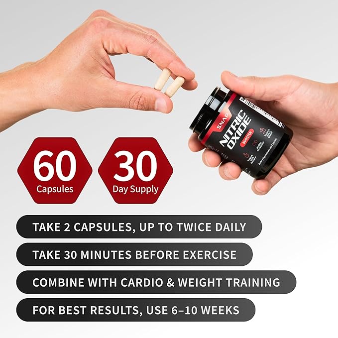 Snap Supplements Nitric Oxide Supplement with L-Arginine to Support Energy Quick Recovery Heart Health Muscle Growth &amp Circulation 60 Vegetarian Capsules (1 Month Supply)