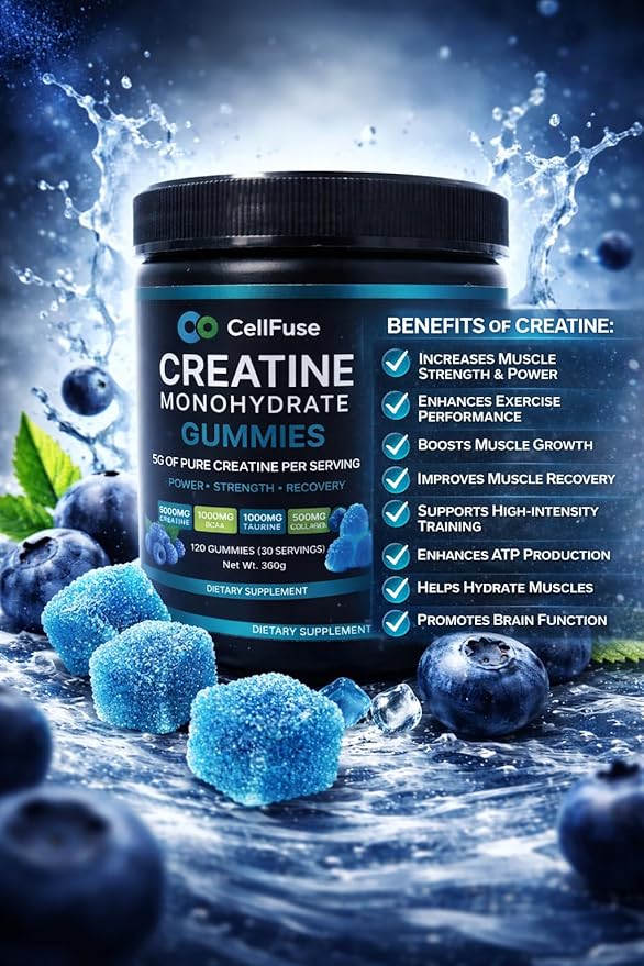 Creatine Monohydrate Gummies 5000 mg per Serving Sugar Free Blue Raspberry Flavor GMP Compliant. Muscle &amp Strength Recovery Supplement 120 Gummies (30servings) 3rd Party Tested.