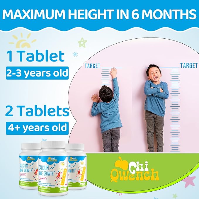 ChiQwench 500 MG Calcium Supplement with Vitamin D3 &amp K2 Zinc Magnesium &amp Prebiotics. Kids Vitamins for Kids' Height. Bone Strength High Absorption Orange Chewables Non-GMO Gluten Free
