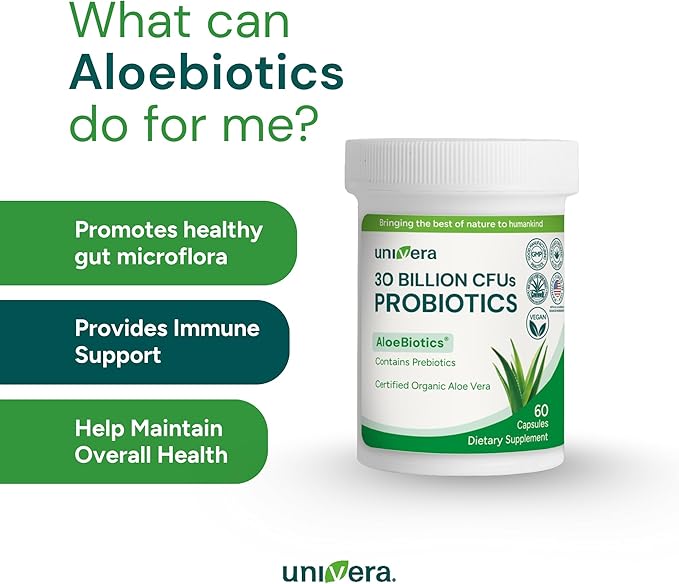 Univera Probiotics Probiotics and Prebiotics 30 Billion CFUs with Organic Aloe Vera -14 Strains Digestive Enzymes for Adults - Vegan AloeBiotics 60ct.