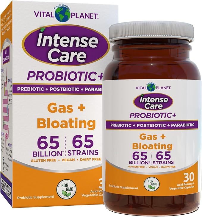 Vital Planet - Intense Care Gas &amp Bloating Probiotics Prebiotics Postbiotics Parabiotics 4-in-1 Refrigerated Supplement for Adults 65 Billion CFU 65 Strains Digestive and Immune 30 ct